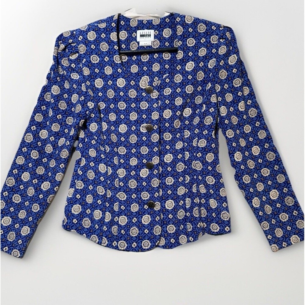 Leslie Fay 2 Piece Skirt Suit Size 8 Retro Pleated Midi Blue Aztec Vintage 80s - Picture 2 of 13